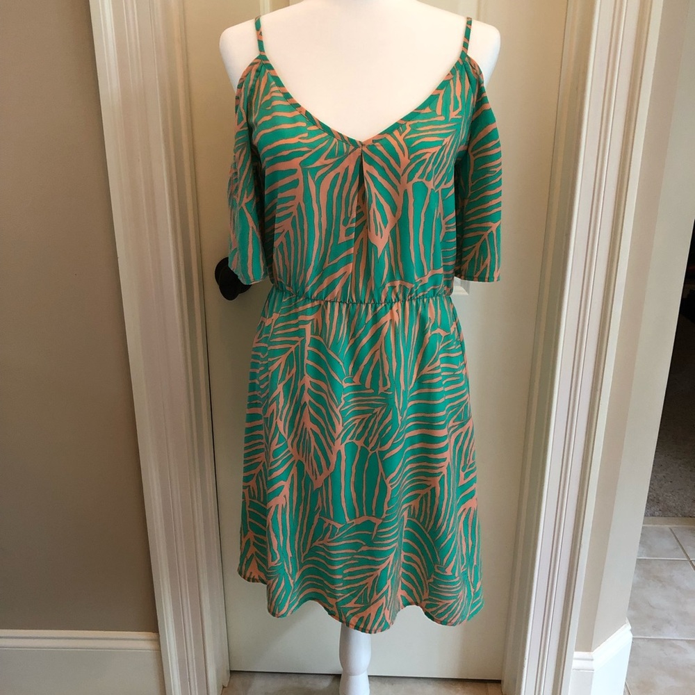 Cold shoulder green and coral dress